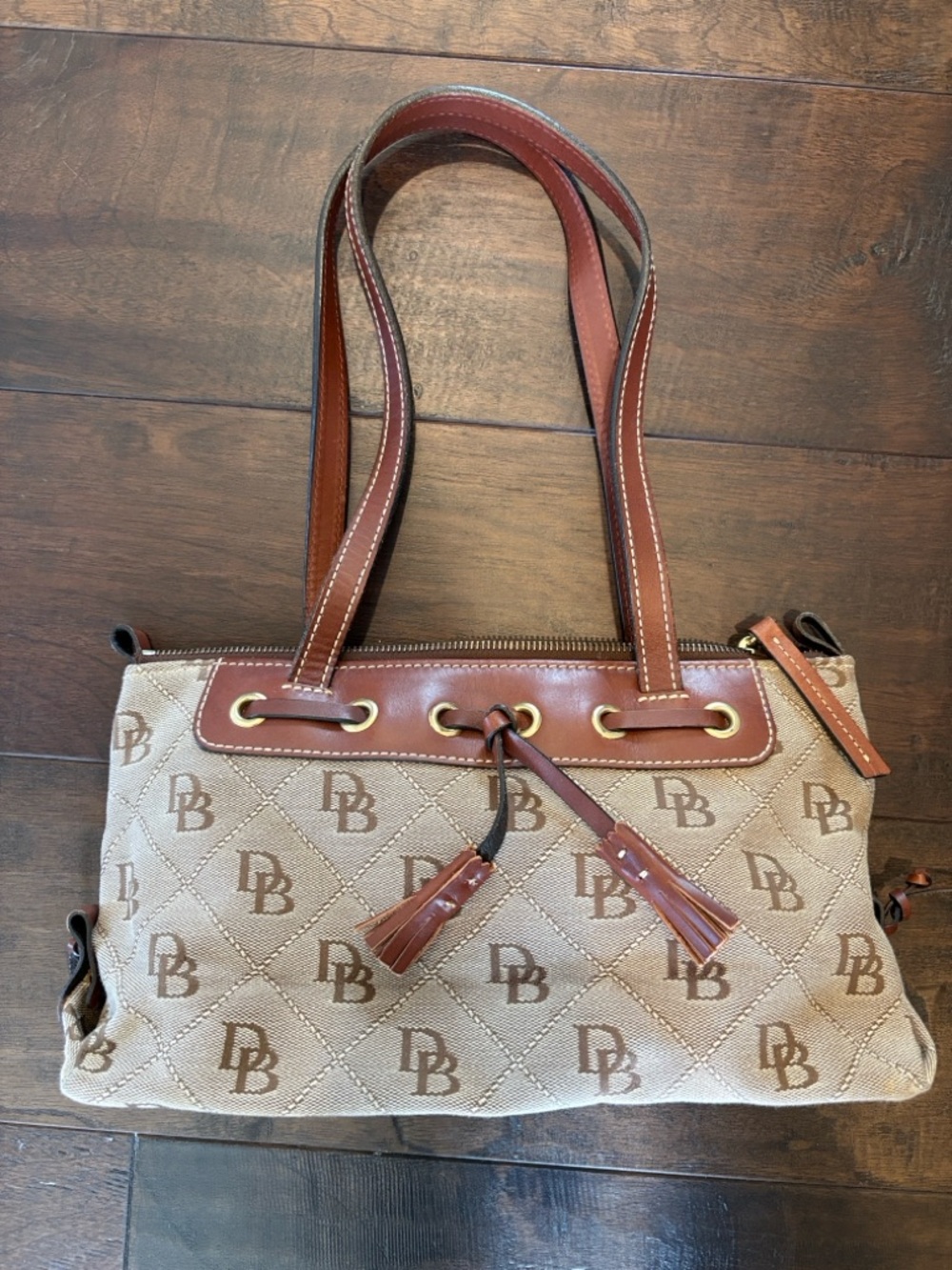 Dooney & Bourke Beige Monogram Shoulder Bag with Brown Leather Trim